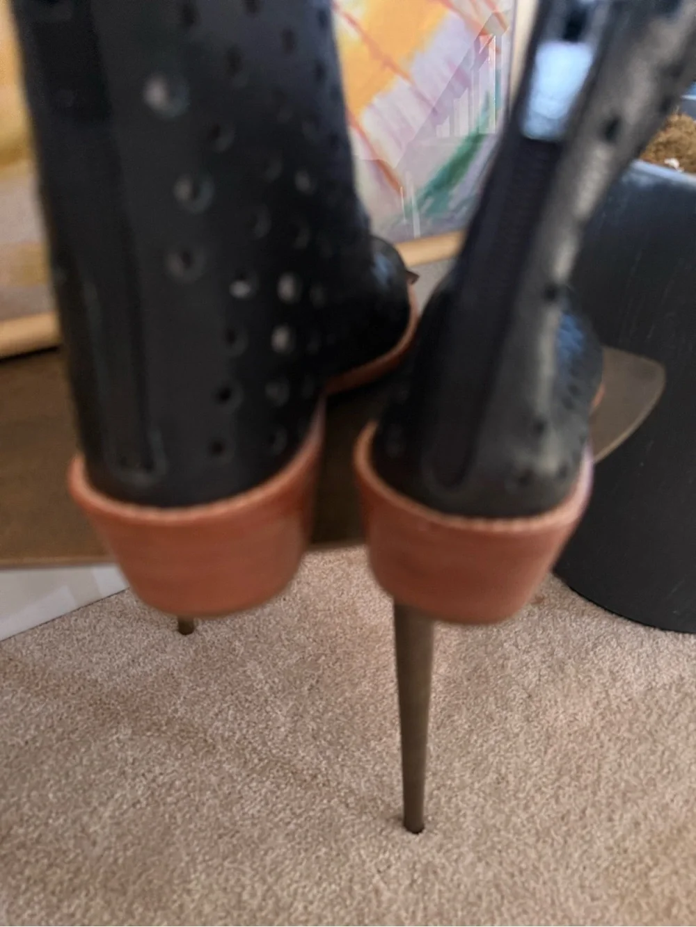 Loeffler Randall Black Perforated Peep-Toe Ankle Booties with Tan Sole